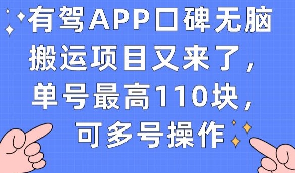 有驾APP口碑无脑搬运项目又来了，单号最高110块，可多号操作-优才资源站